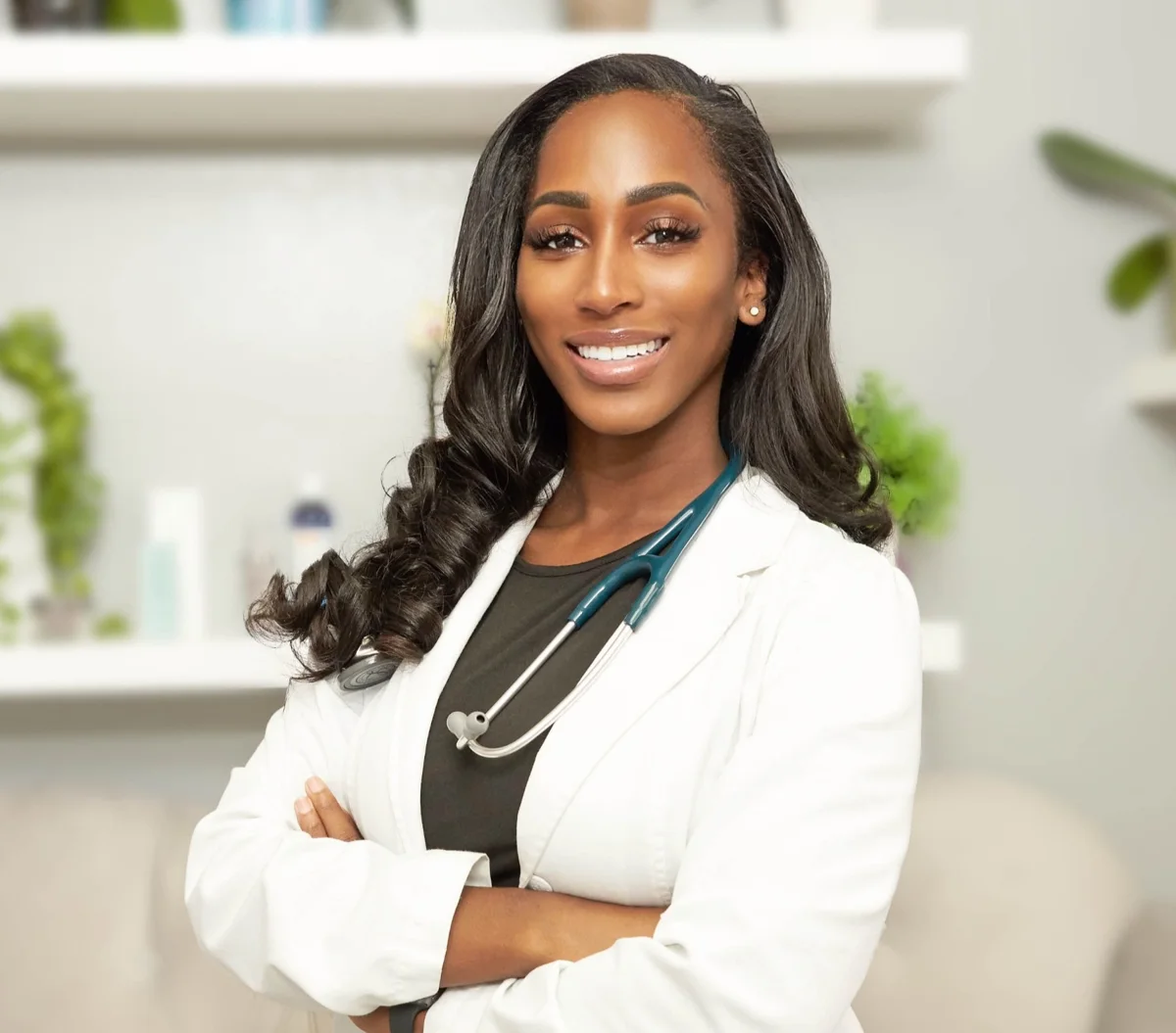 Dr. Lightning in a white coat with a stethoscope, arms crossed, in her clinic